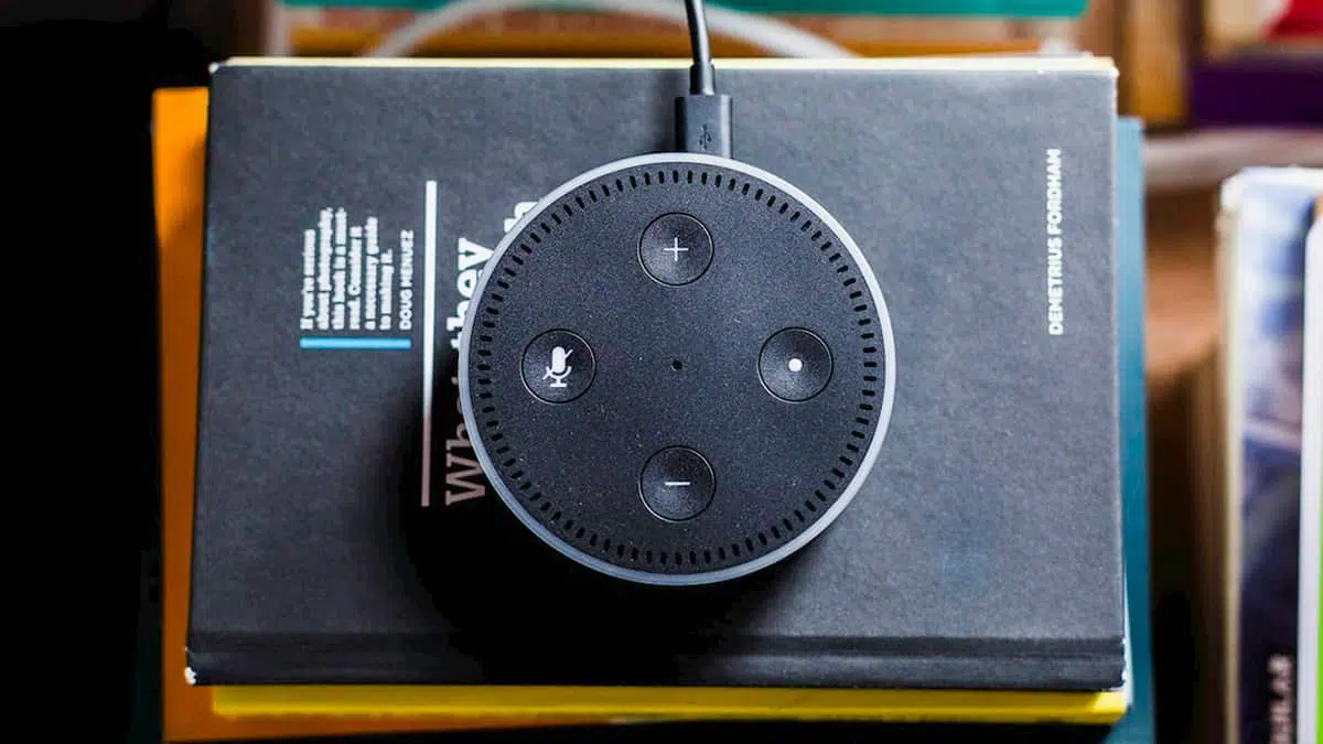Alexa Dot for voice search on a pile of books