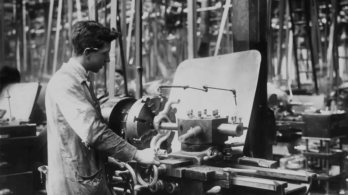 Factory worker in black and white for heritage brands