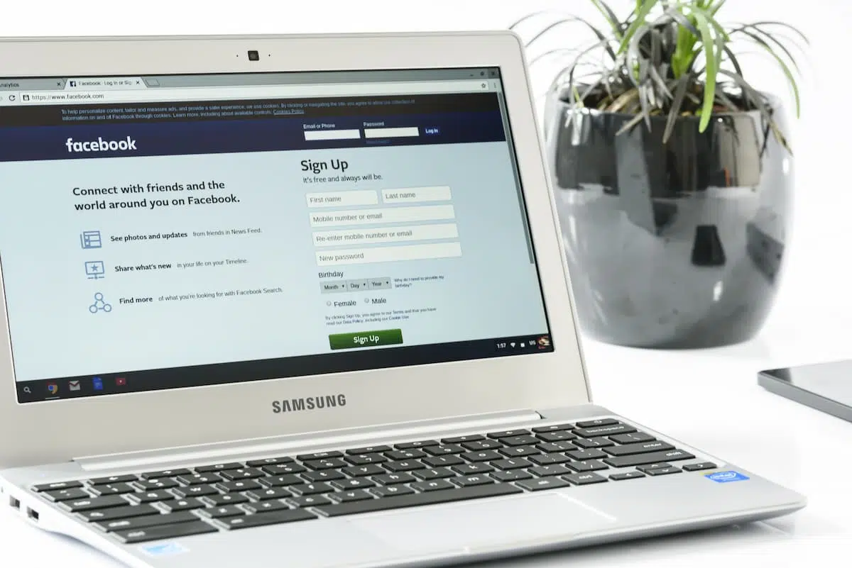 Facebook open on Samsung laptop with plant