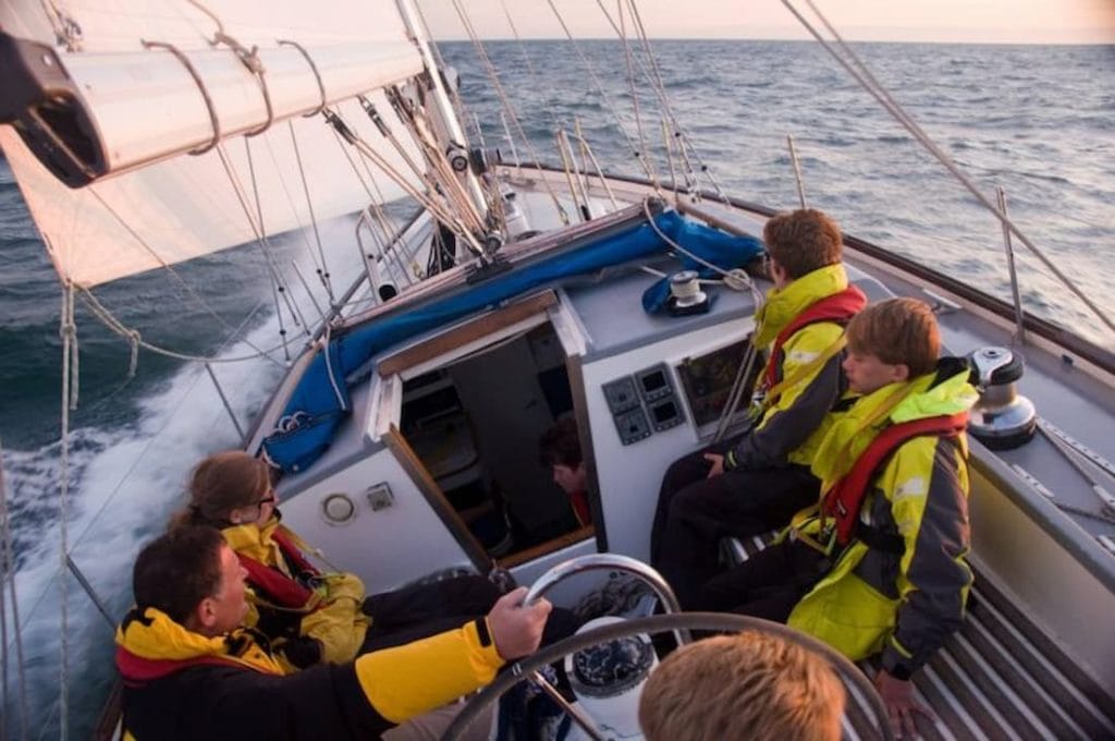 People on an OFFSHORE sailing boat trip.