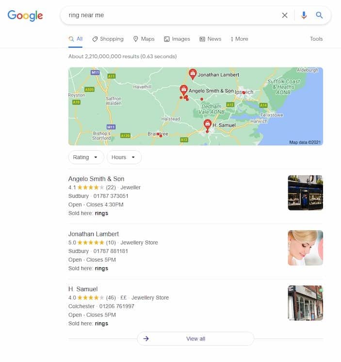 'ring near me' Google search results