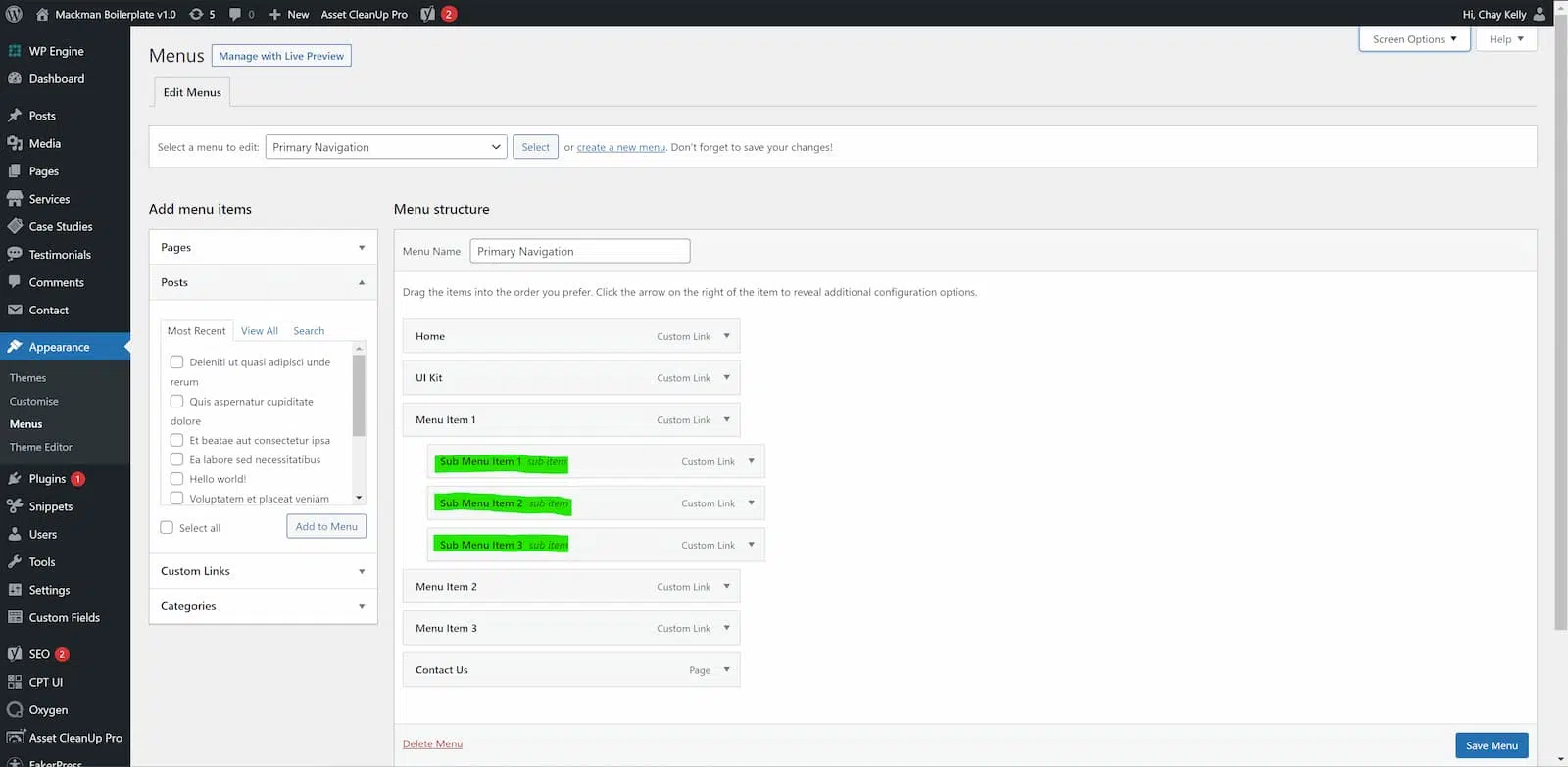 Adding sub menu items WordPress
