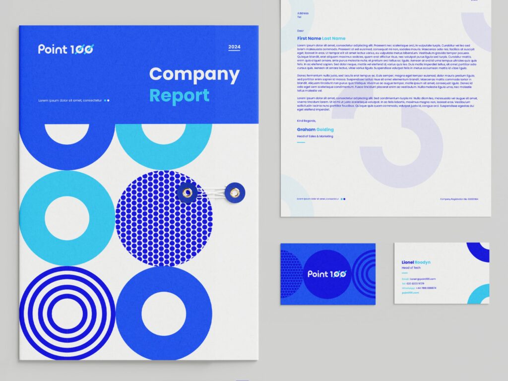 A collection of Point100 stationery designs, letterhead, report and business cards