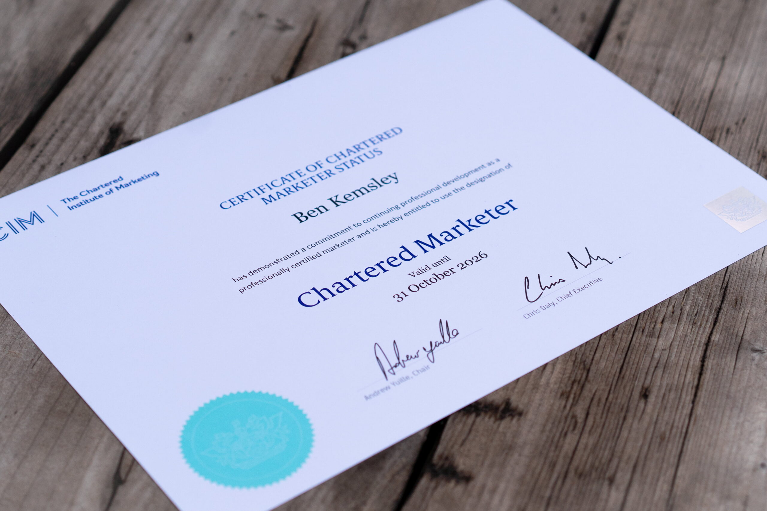 Ben Achieves CIM Chartered Marketer Status 2 CIM Chartered Marketer Certificate